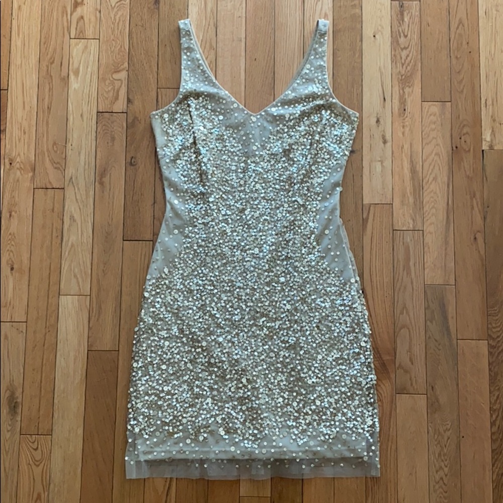 Adrianna Papell Tulle Sheath Gold Sequin Dress